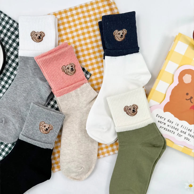 [Daily Sox Studio] 여성 곰돌이 포인트 크루 양말 (5컬러 세트) W Point Bear Crew Socks (5 Color Set)_Made in Korea