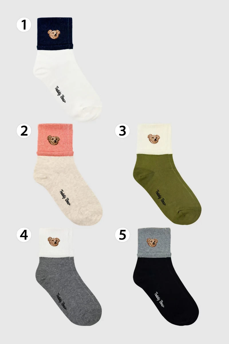[Daily Sox Studio] 여성 곰돌이 포인트 크루 양말 (5컬러 세트) W Point Bear Crew Socks (5 Color Set)_Made in Korea